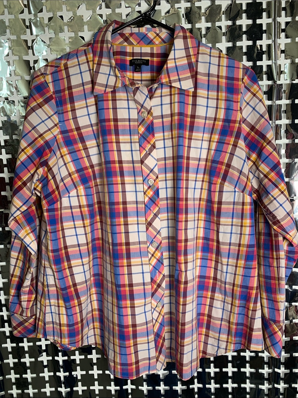 Talbots Plaid Button-Down Shirt in Pink, Blue and Yellow